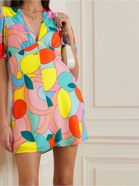 STAUD Mila Mini Dress 12 Pink Blue Citrus Kaleidoscope Lemon Print Party NEW